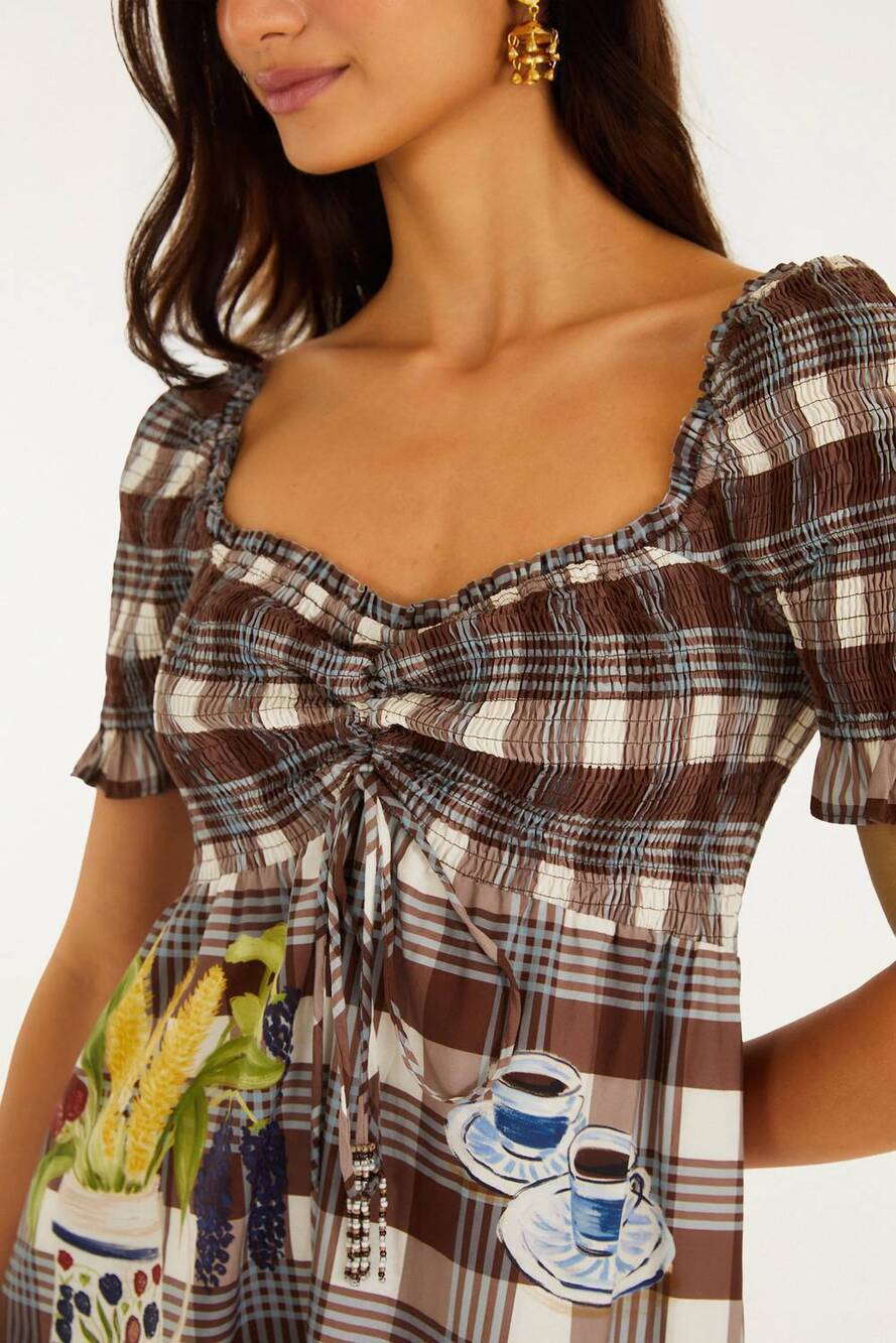 NEW FARM RIO country table tartan midi smocked dress in brown multi - Picture 3 of 5